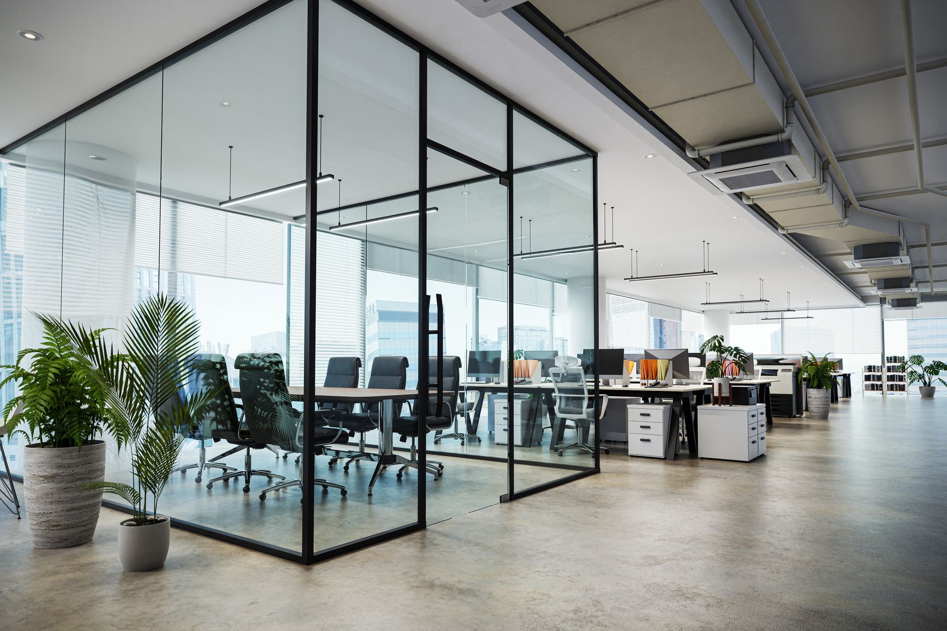 An empty office with a glass wall and a conference room.