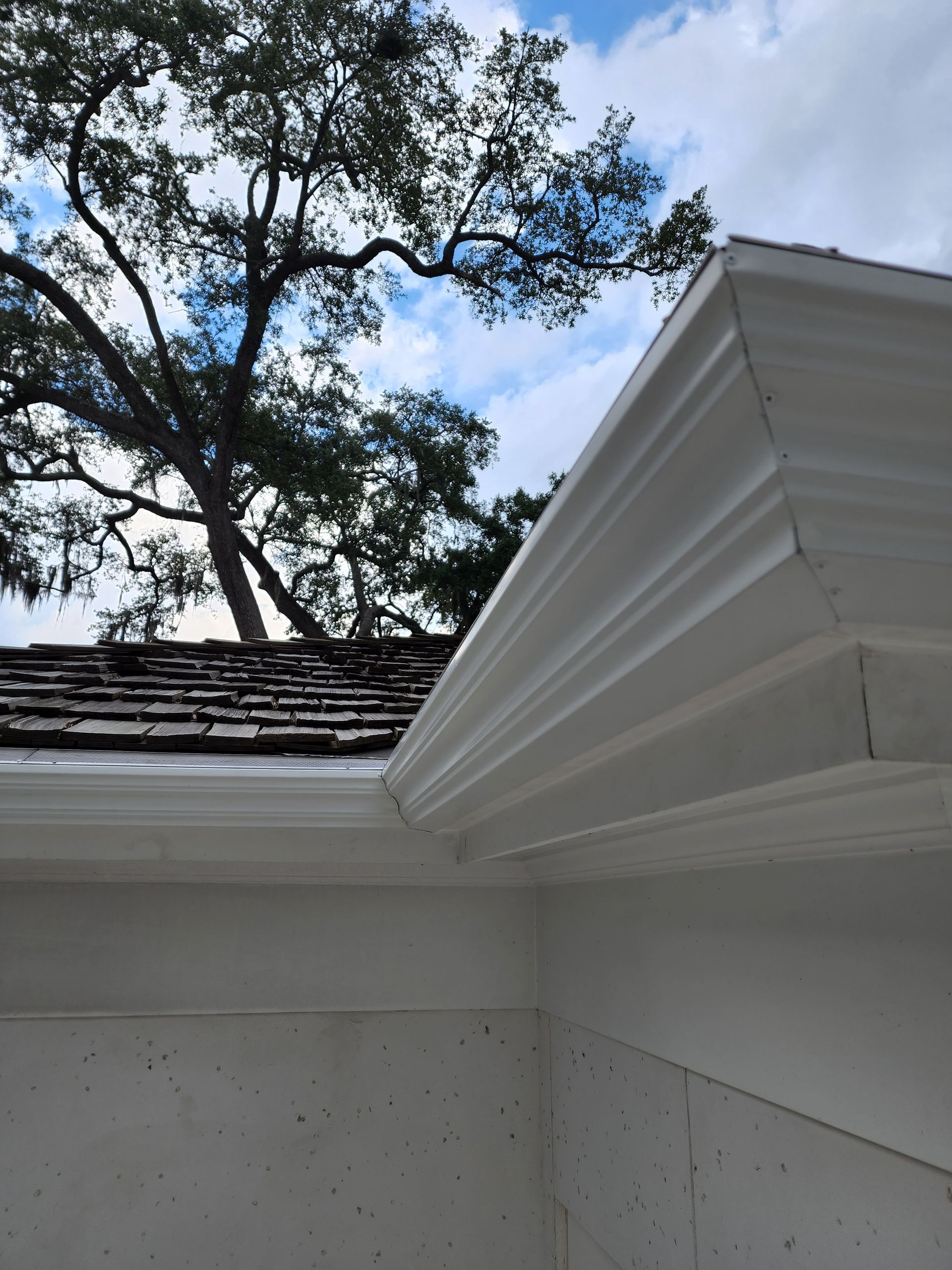 White house corner with roof, gutters, and tree against a cloudy sky.