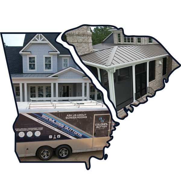 A collage of a house, trailer, and gutters in the shape of South Carolina, promoting seamless gutter services.