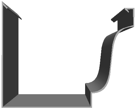 A gray rain gutter system with a curved downspout.
