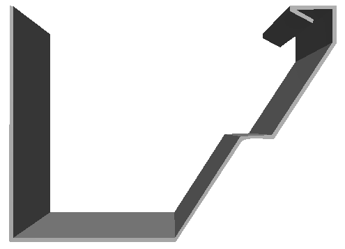 A dark gray gutter with a downspout, angled toward the viewer, against a light gray background.