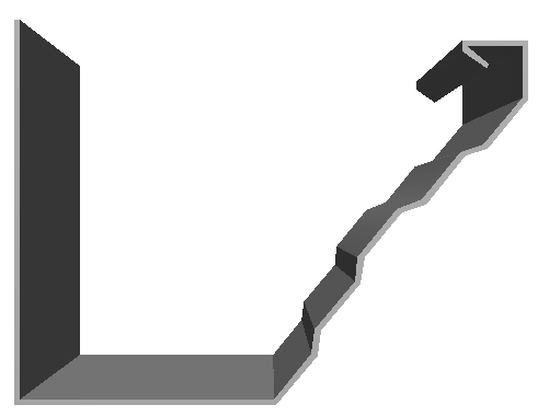 A dark gray U-shaped metal gutter angled upwards with a stepped, shadow-casted edge.