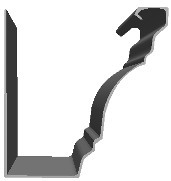 Profile view of a dark gray architectural molding with a decorative, curved design and a hook feature.