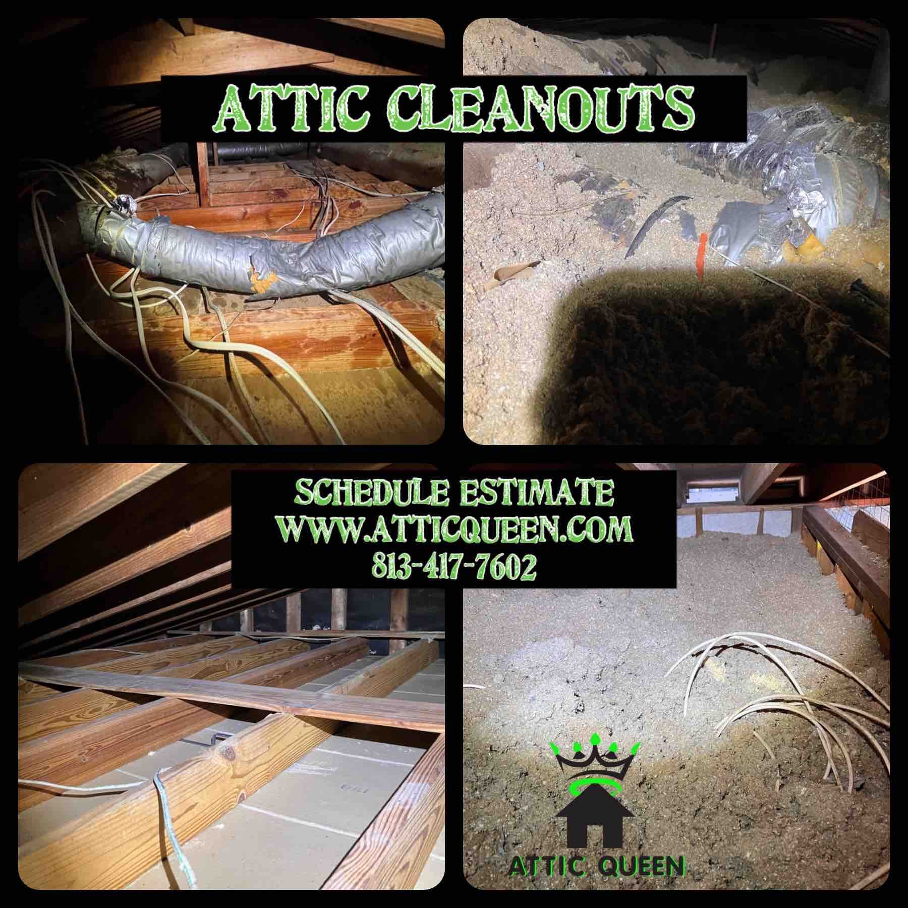 A collage of four pictures of attic cleanouts