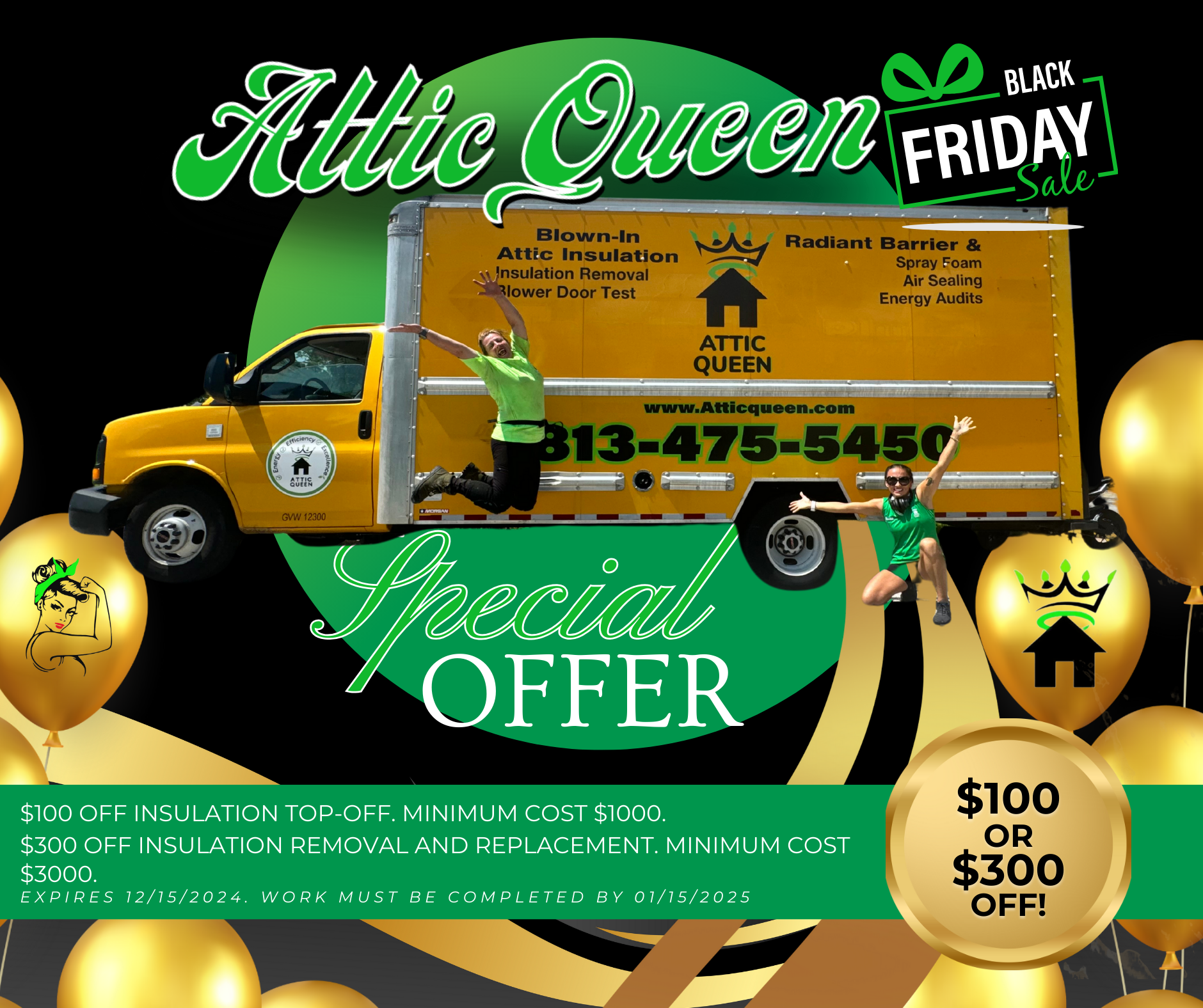 An advertisement for attic queen friday special offer