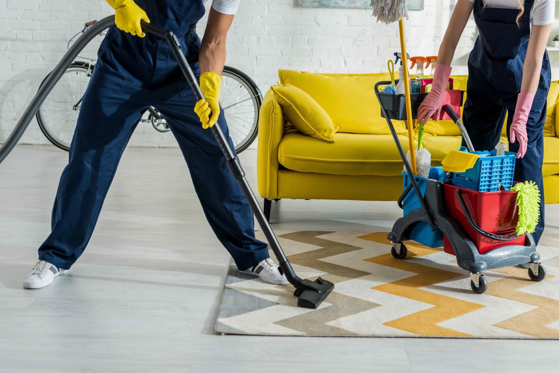 Team members deep cleaning a rug