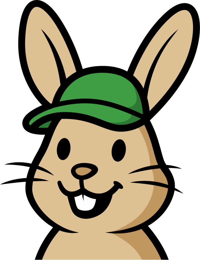Cartoon rabbit with a green cap, smiling with ears up