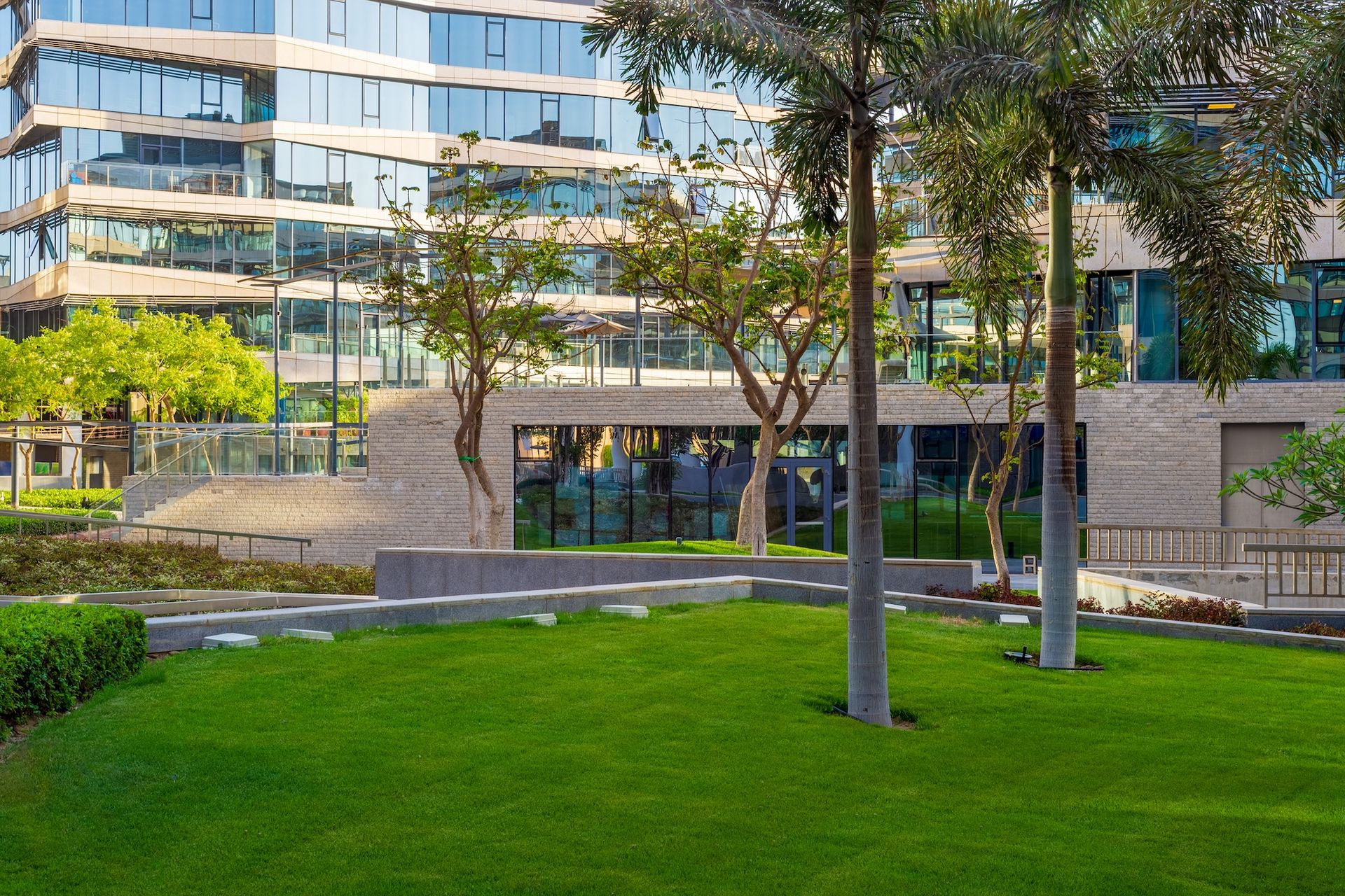 Modern office building behind a green lawn and trees in an urban courtyard
