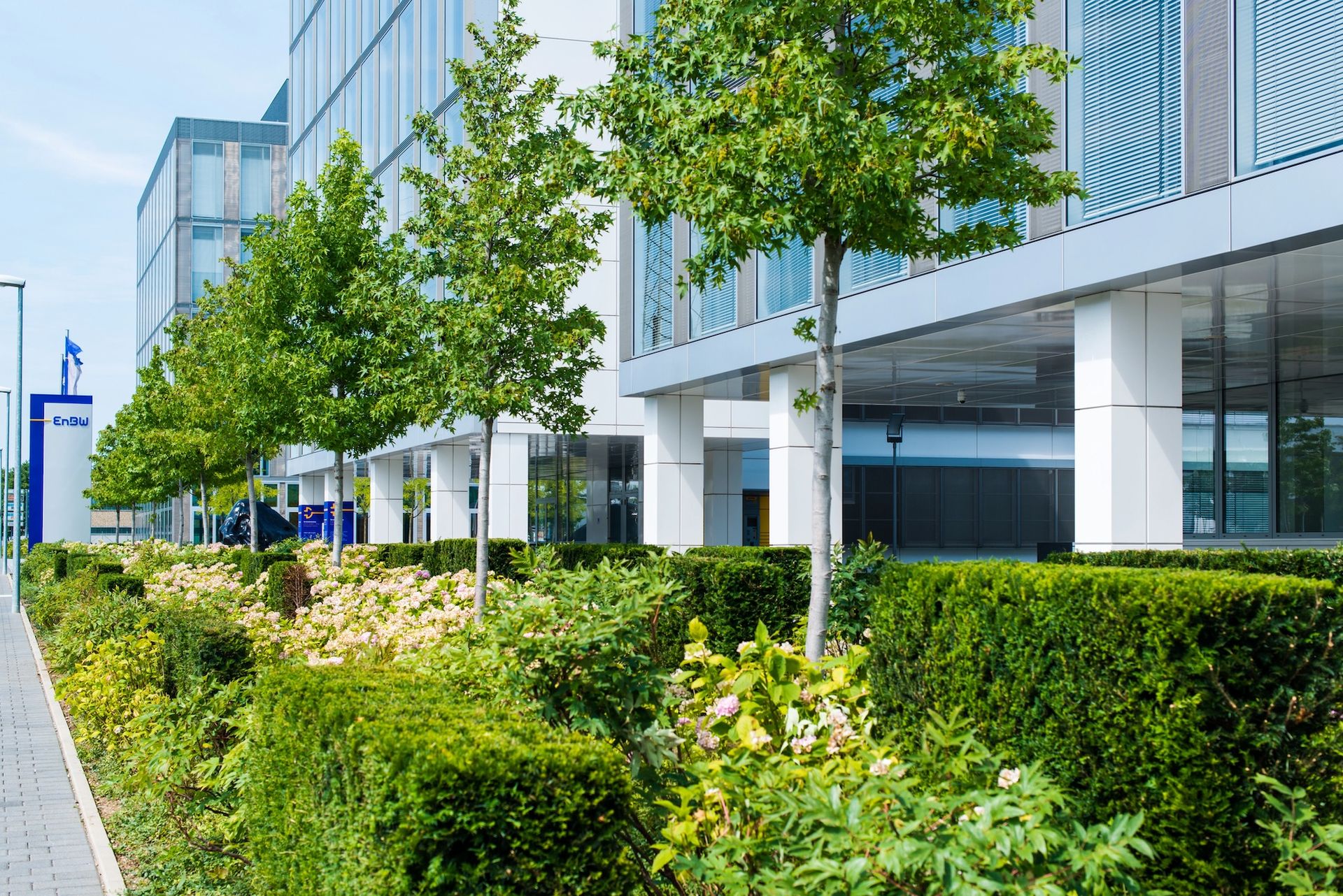 Modern office building with glass фасade, landscaped hedges, and young trees along a walkway