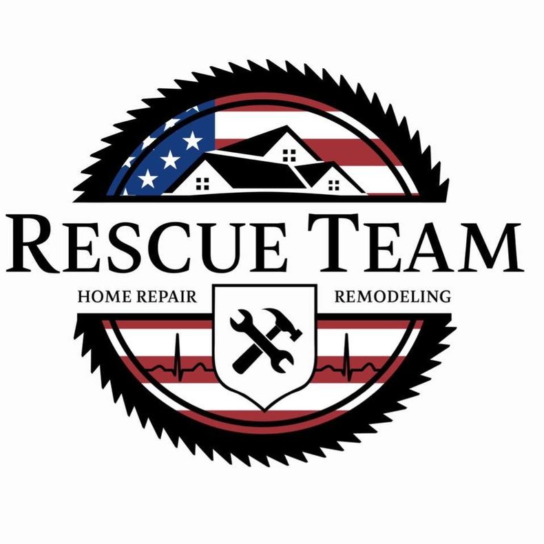 Logo for Rescue Team Home Repair Remodeling, featuring a saw blade frame, American flag, house roof, and a tool shield.