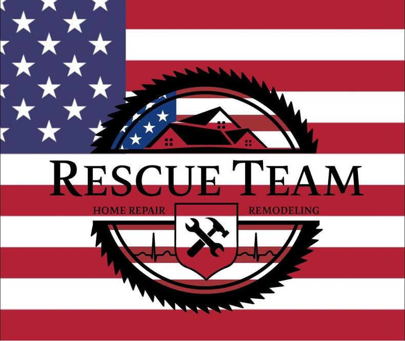 Logo for Rescue Team Home Repair & Remodeling featuring a circular saw blade, house icon, tools, and a US flag background.