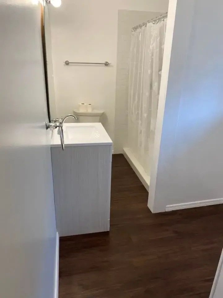 Bathroom vanity and shower installation with new flooring