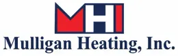 MHI logo with red and blue initials above Mulligan Heating, Inc. text