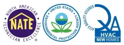 Three certification logos: NATE, U.S. EPA, and HVAC Excellence on blue background