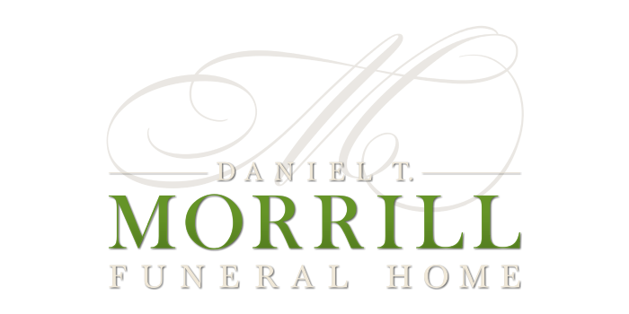 Daniel T. Morrill Funeral Home logo with green and gray text on a white background