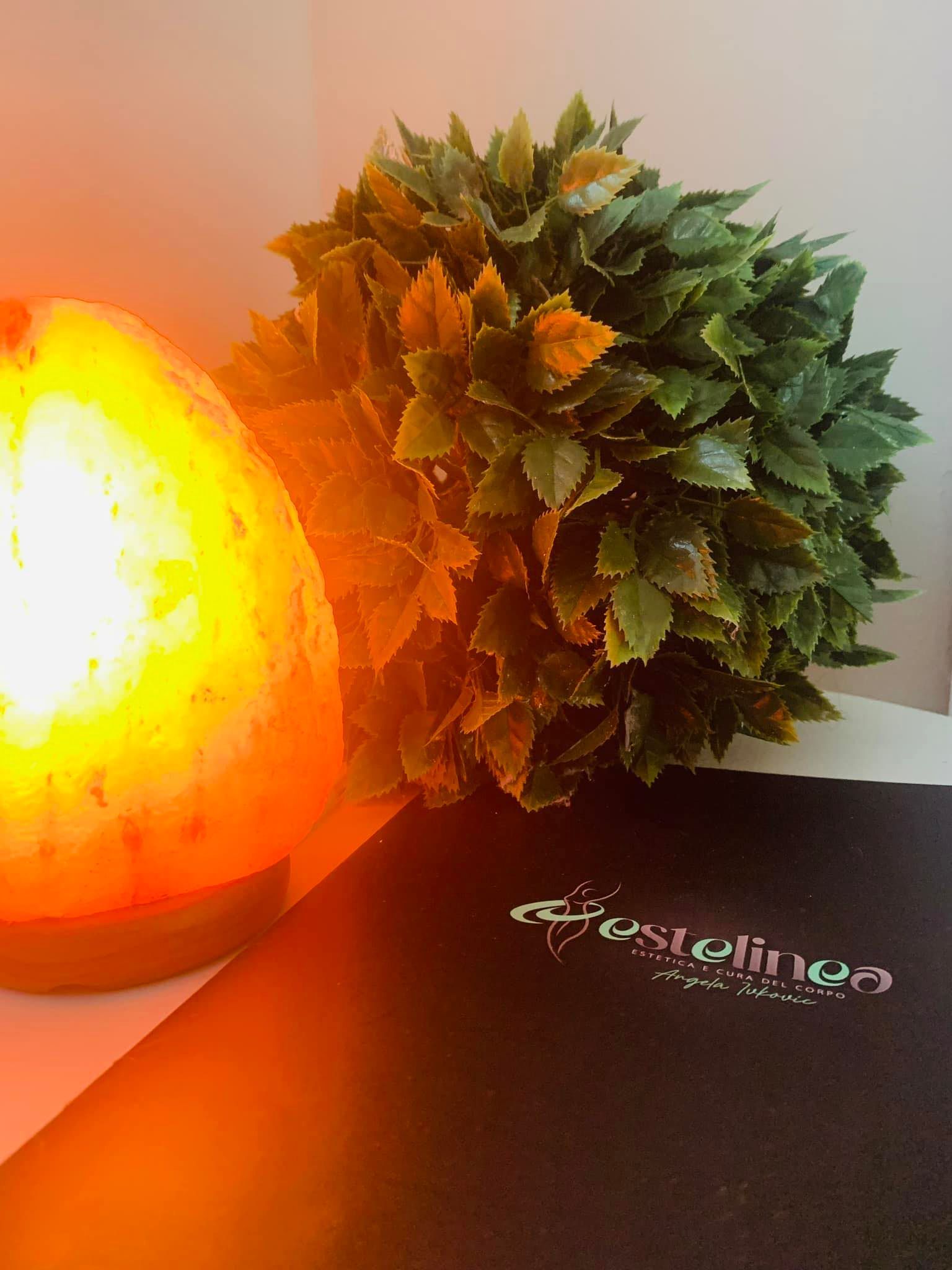Lampada di sale arancione brillante accanto a una piccola pianta decorativa verde su una superficie nera.