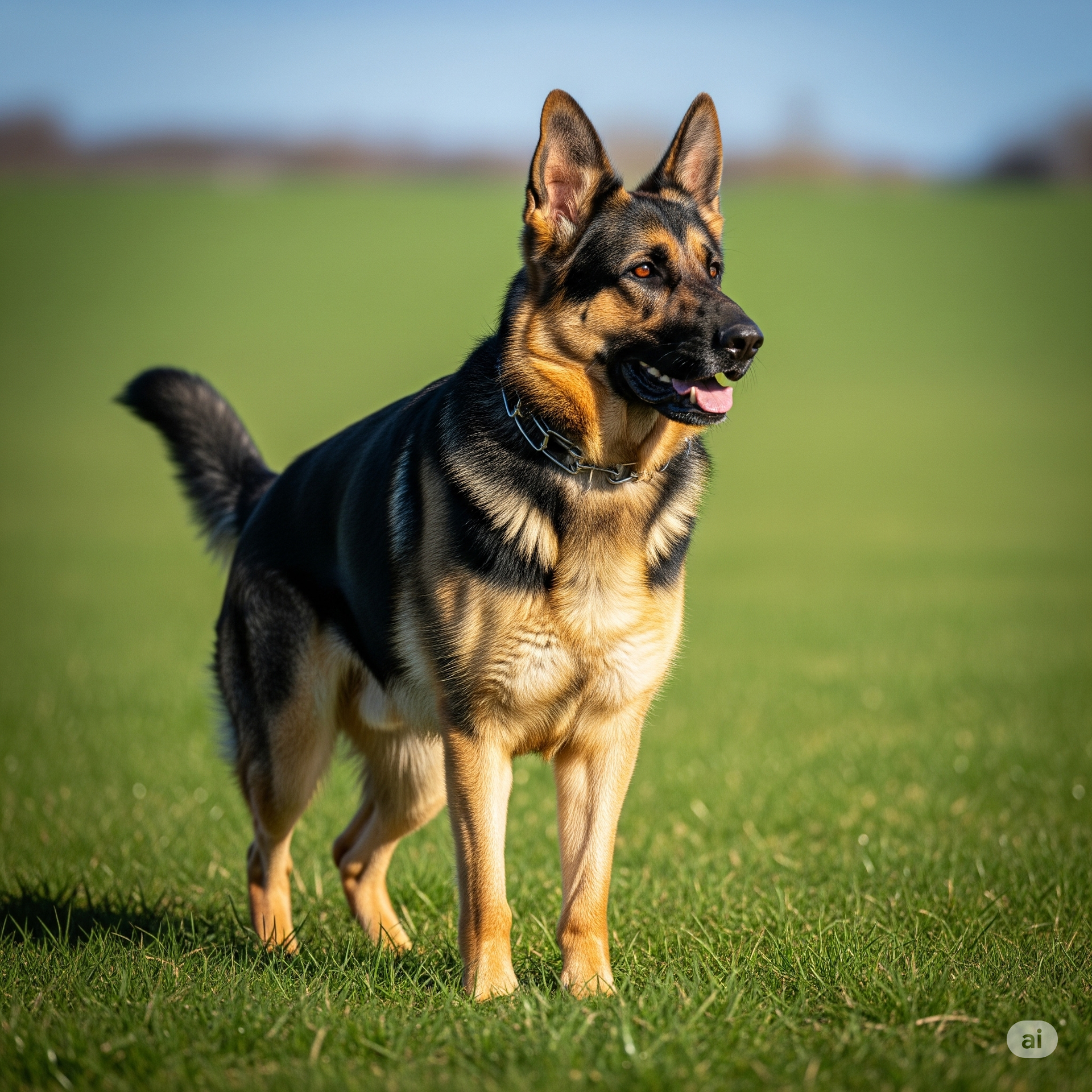 German shepherd standing in a grassy field, ears up and tongue out, with a blurred landscape behind.