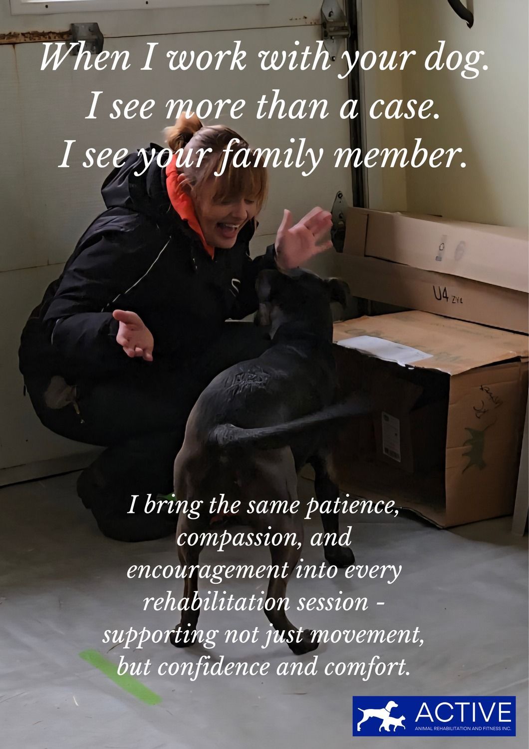 Veterinarian kneels by a black dog in a clinic, with text about compassionate rehabilitation care.
