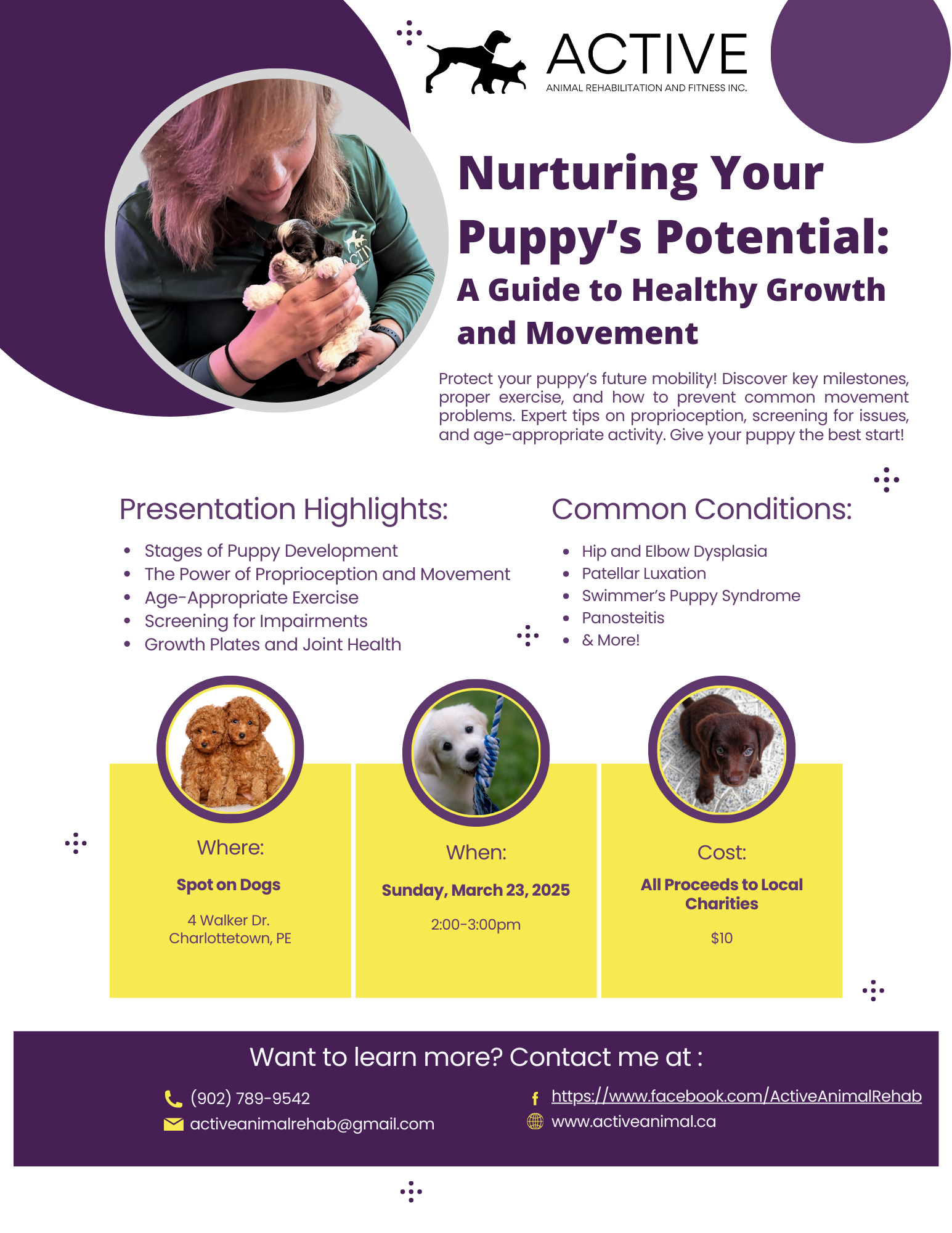 Pet health flyer with dog photo, purple accents, and sections on nutrition and movement for puppy growth