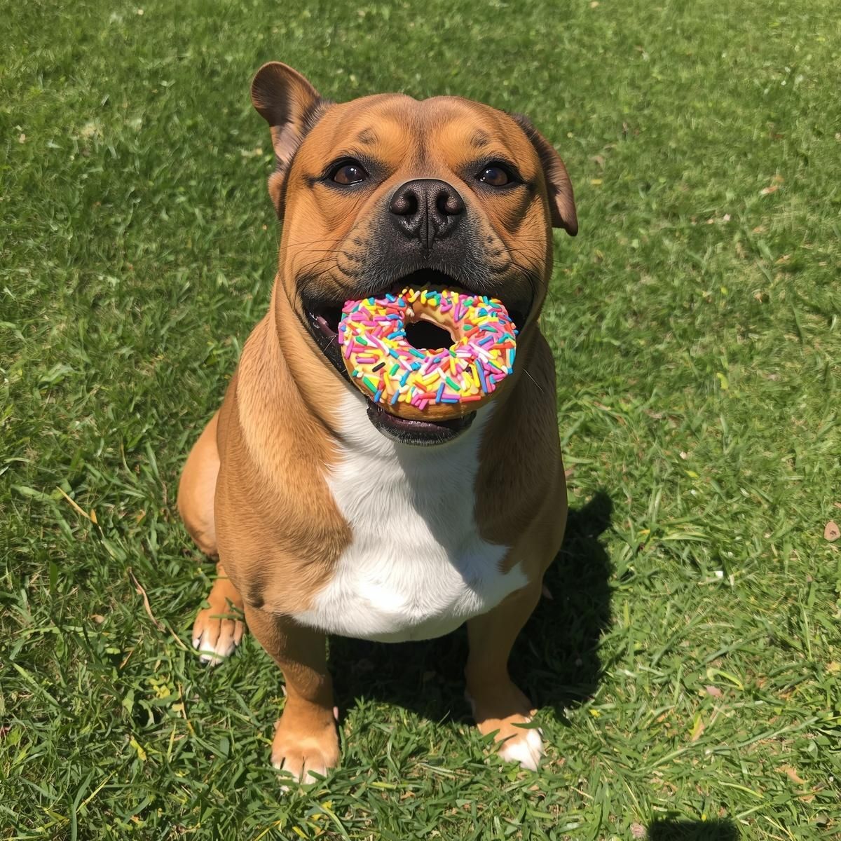 Brown dog holding a colorful donut toy on green grass, facing the camera.