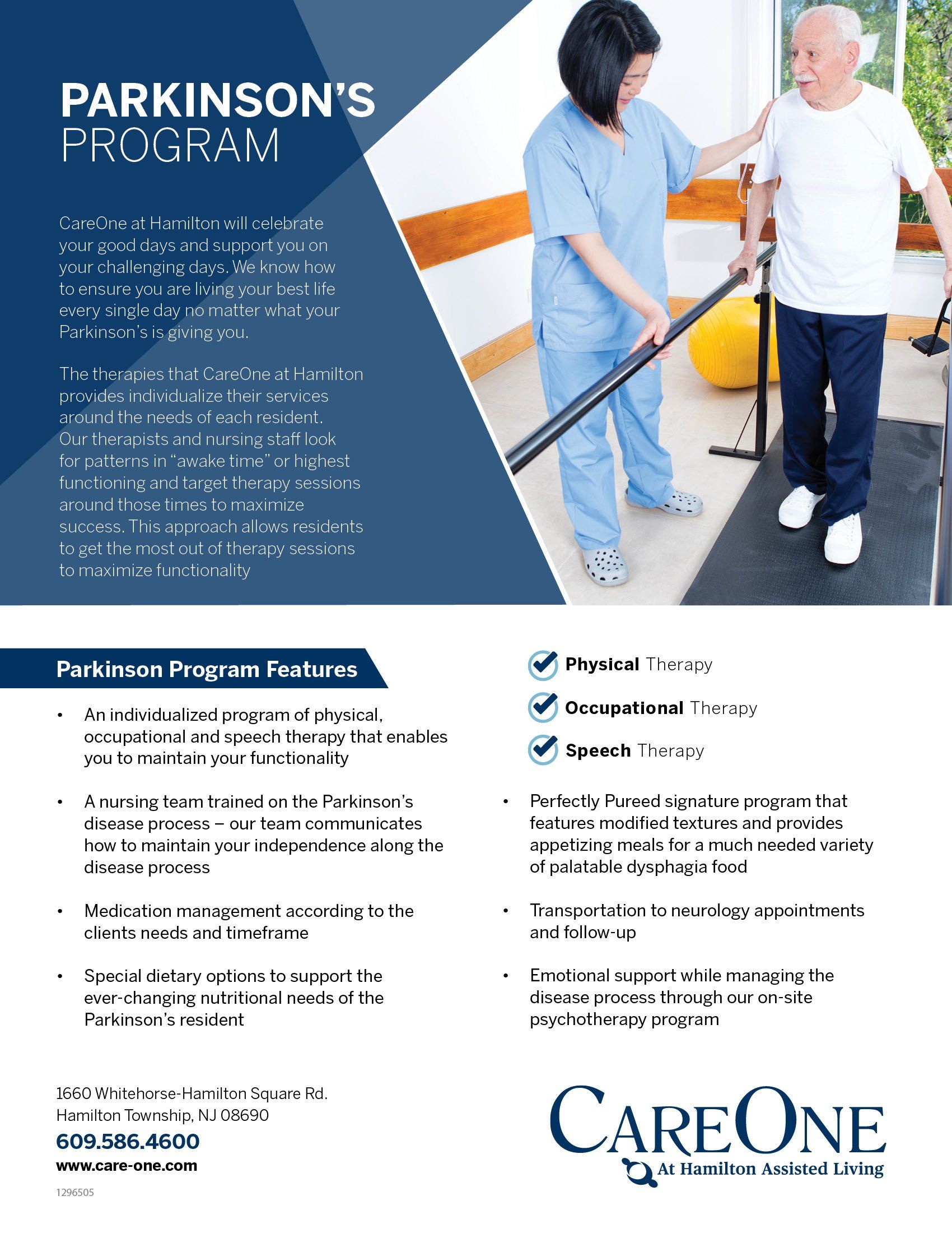 A flyer for a parkinson 's program shows a nurse helping an elderly man walk