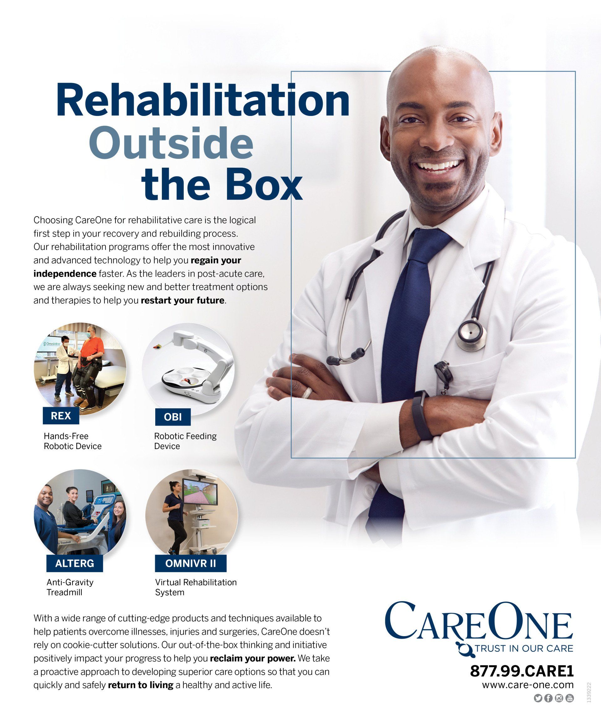 A doctor is standing with his arms crossed in an advertisement for rehabilitation outside the box.
