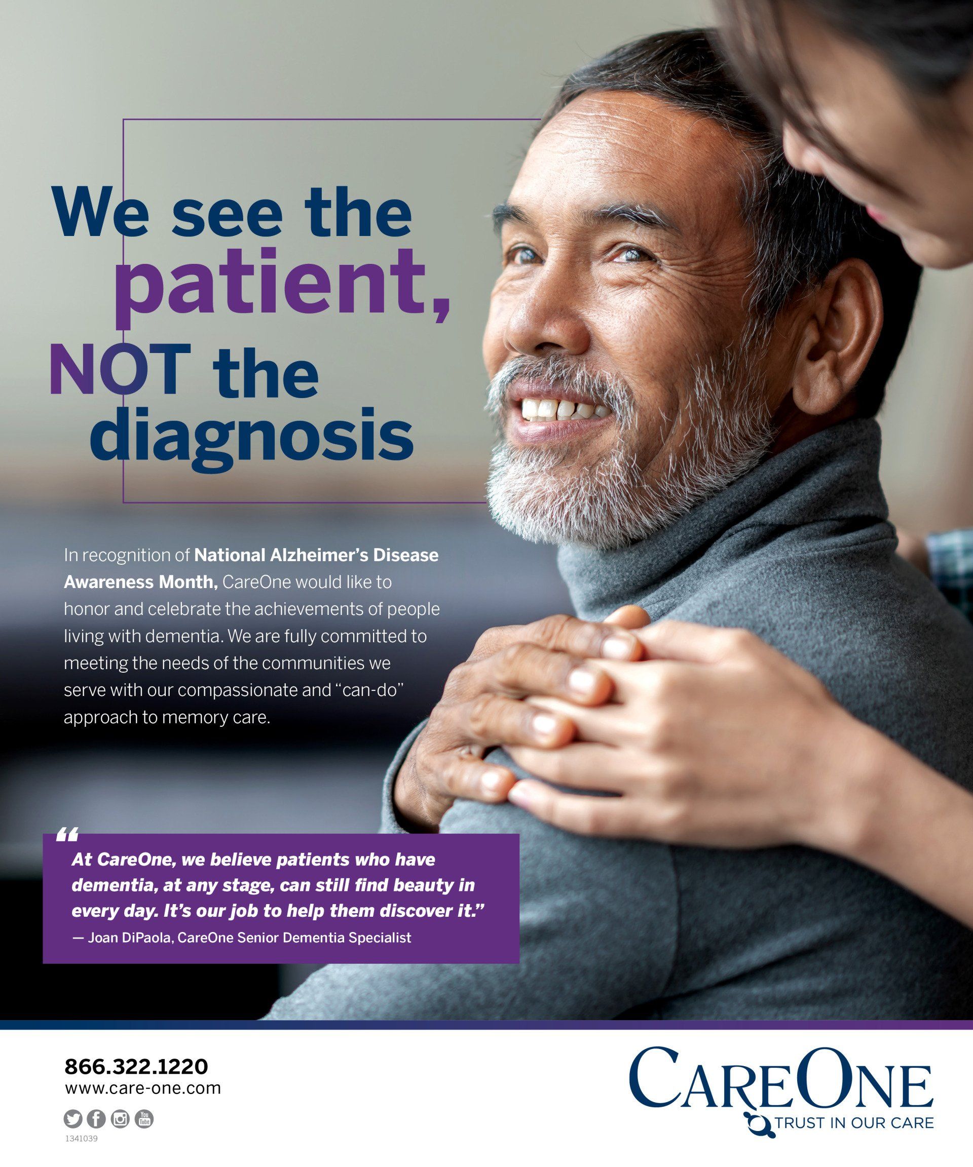 A woman is putting her hand on a man 's shoulder for memory care