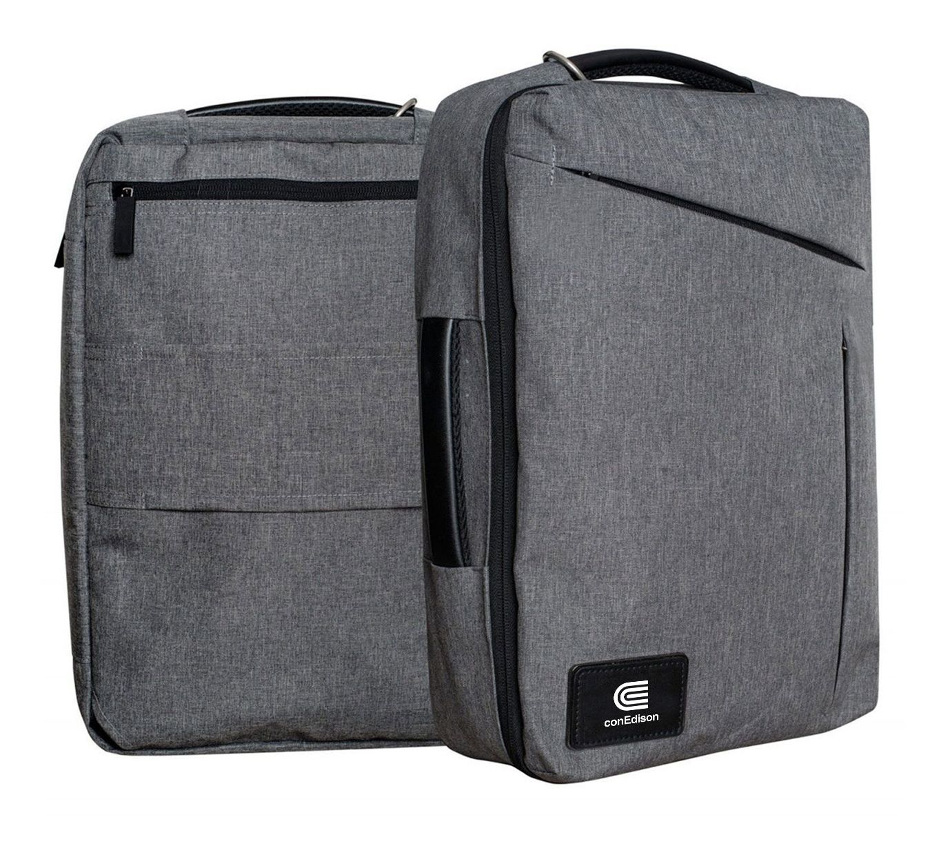 Two gray rectangular travel bags with black zippers and handles on a white background