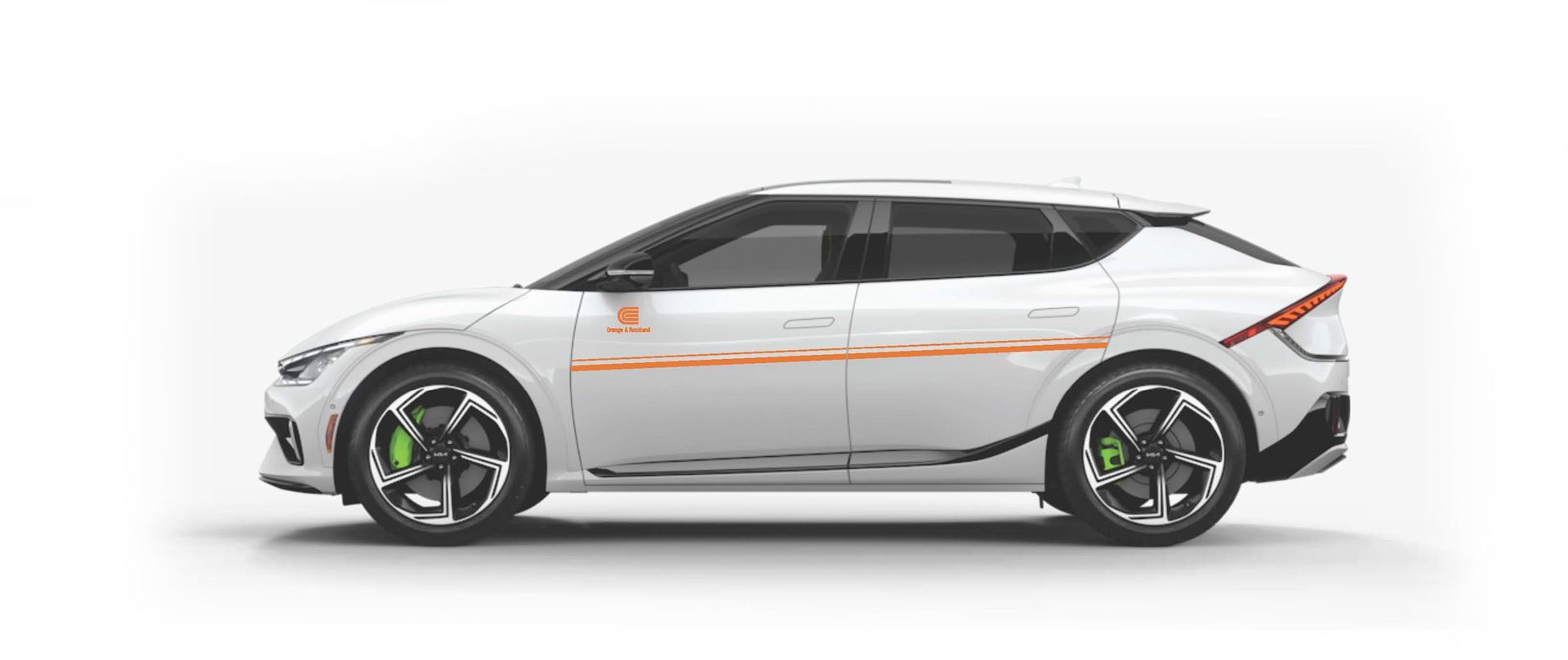 A con edison electric car with a red stripe on the side is sitting on a white surface.