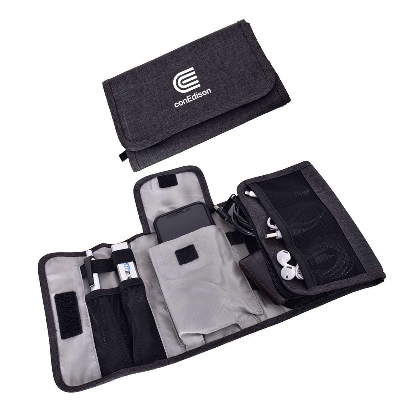 Black foldable tech organizer pouch open, showing multiple mesh and fabric compartments with gadgets inside.