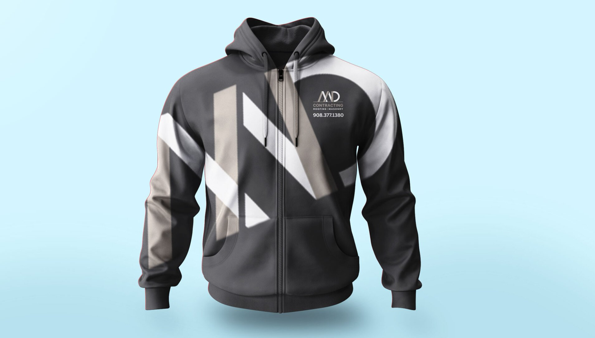 A black and white hoodie is floating in the air on a blue background with MD contracting
