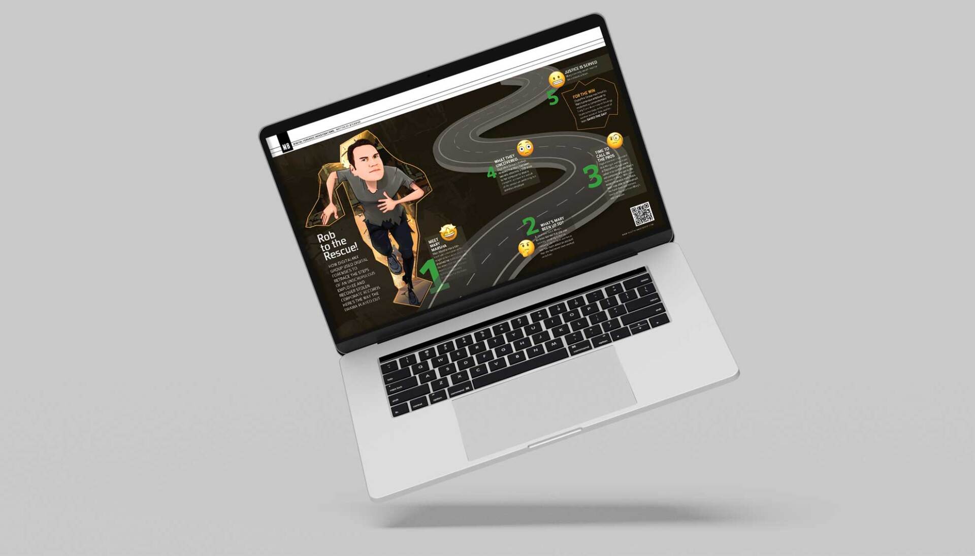 A laptop computer is floating in the air with a cartoon on the screen.