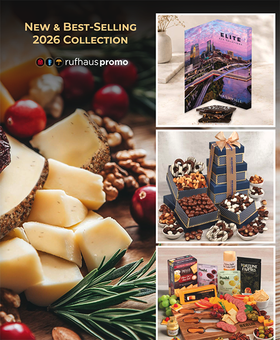 Cheese board with grapes and rosemary, alongside three dessert gift boxes and a promo text about a 2026 collection