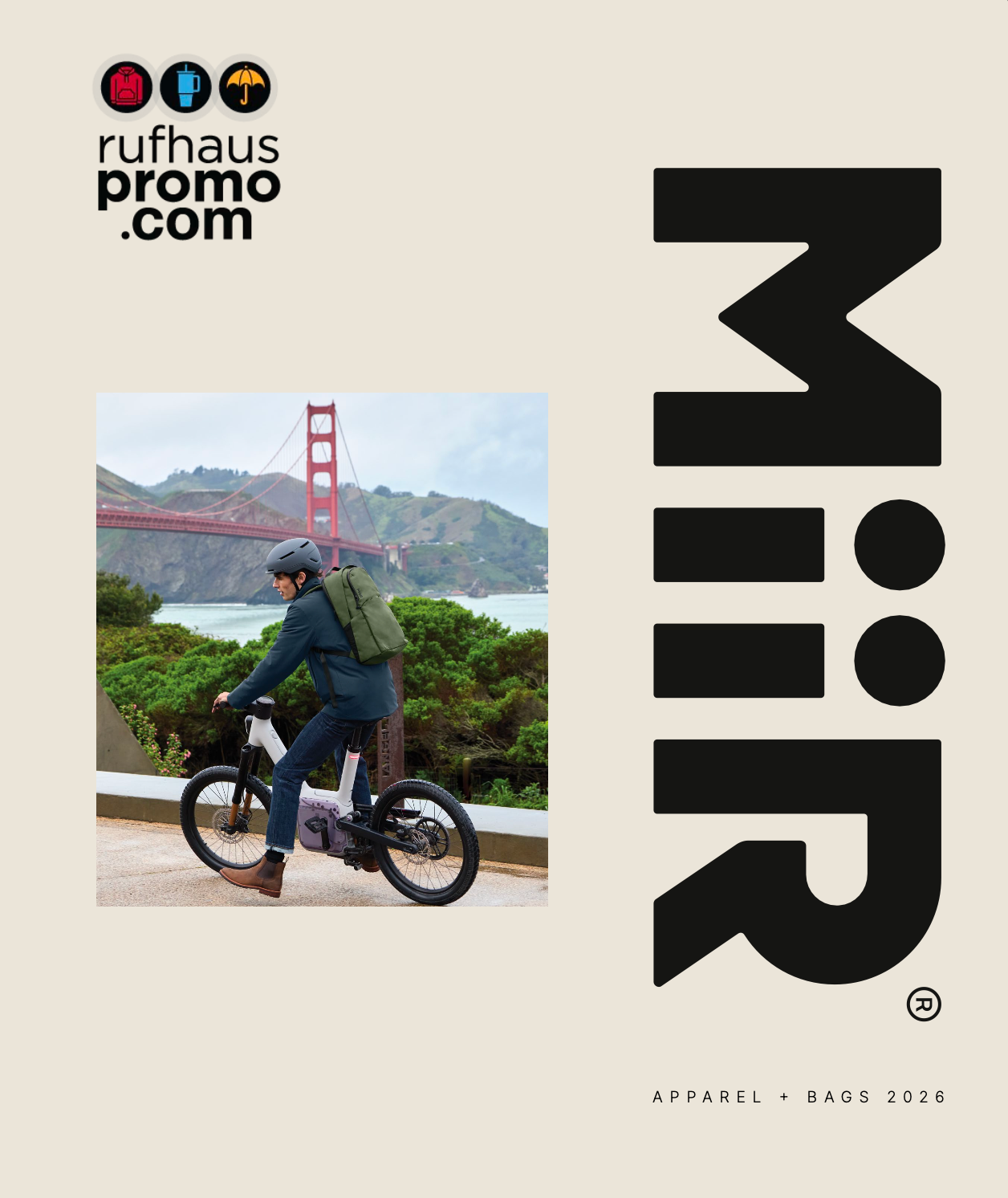 Cyclist riding a bike near the Golden Gate Bridge with the word “MiiR” on a beige background