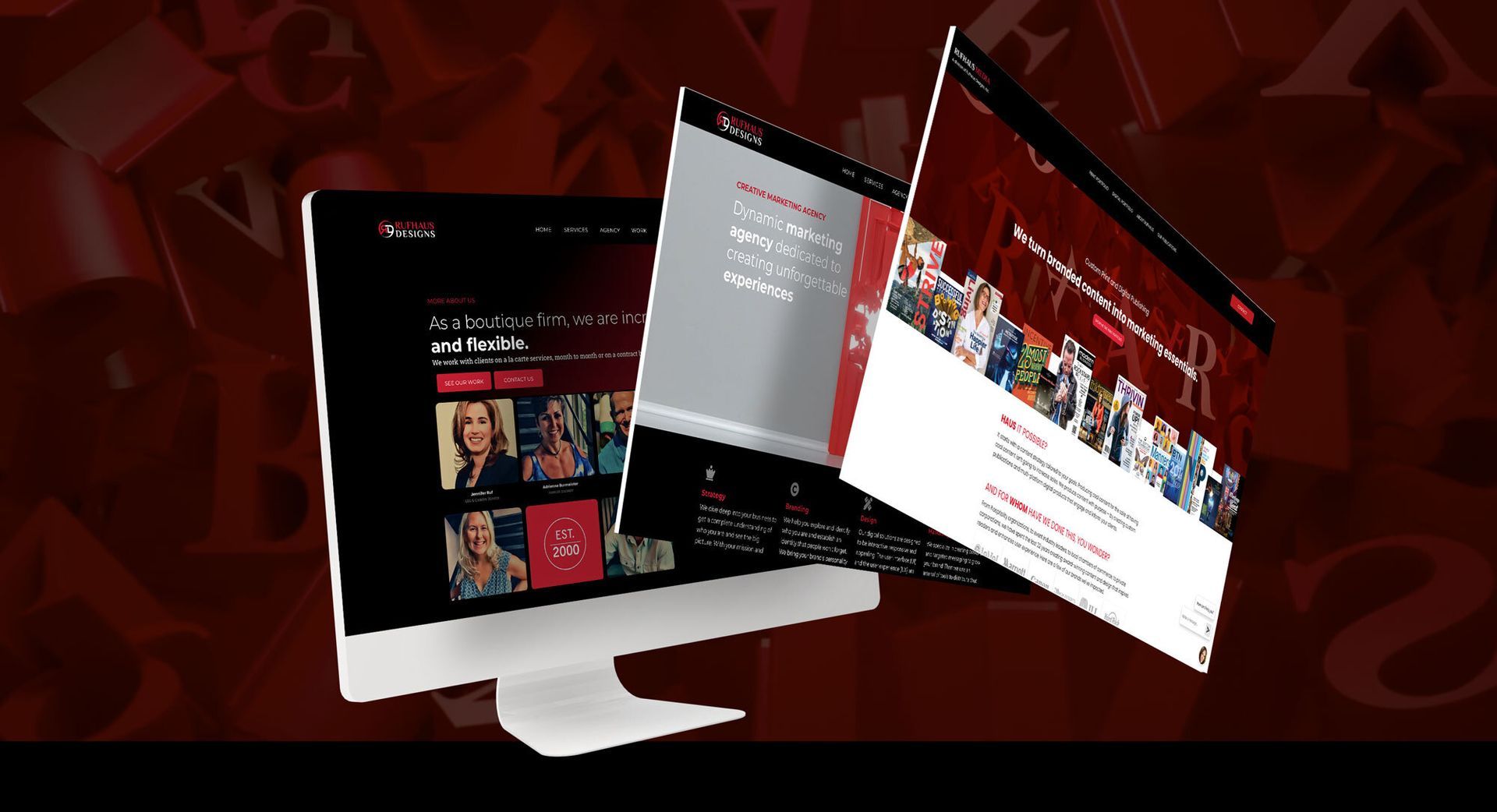 Computer monitor with Rufhaus Media on screen and other pages of the site