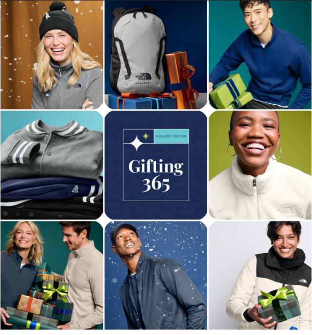 Holiday gift collage with winter apparel, backpacks, and smiling people on a blue background