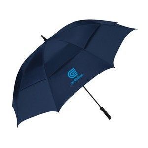 Navy blue umbrella with a logo on the canopy and a black handle
