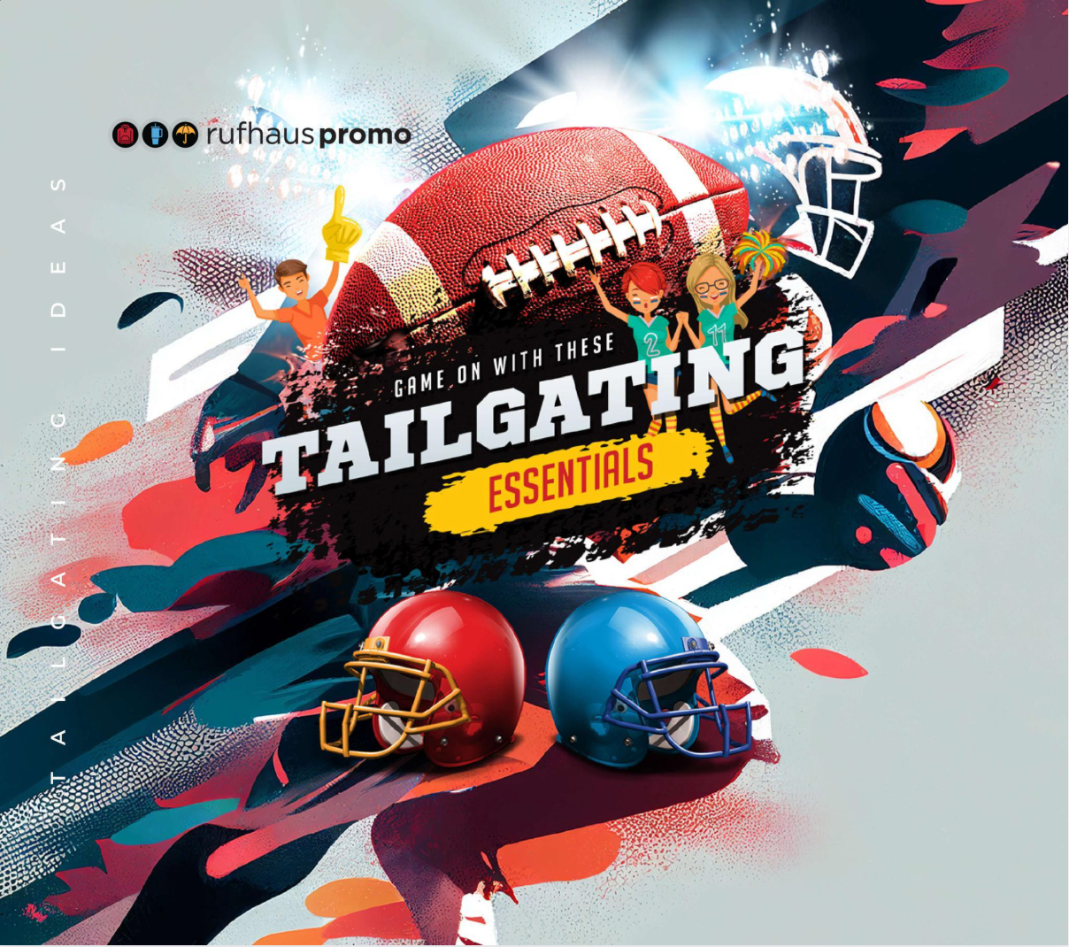 Tailgating essentials graphic with football, helmets, and bold red, blue, and yellow sports design