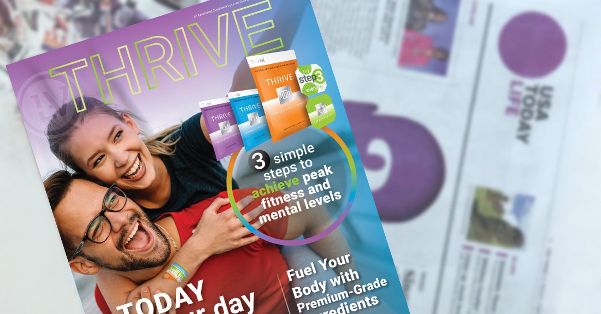 A man and a woman are hugging each other on a brochure.