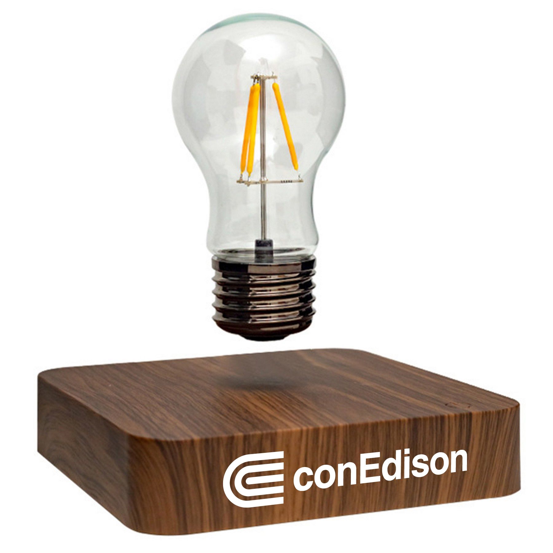 Light bulb hovering above a Con Edison wooden base
