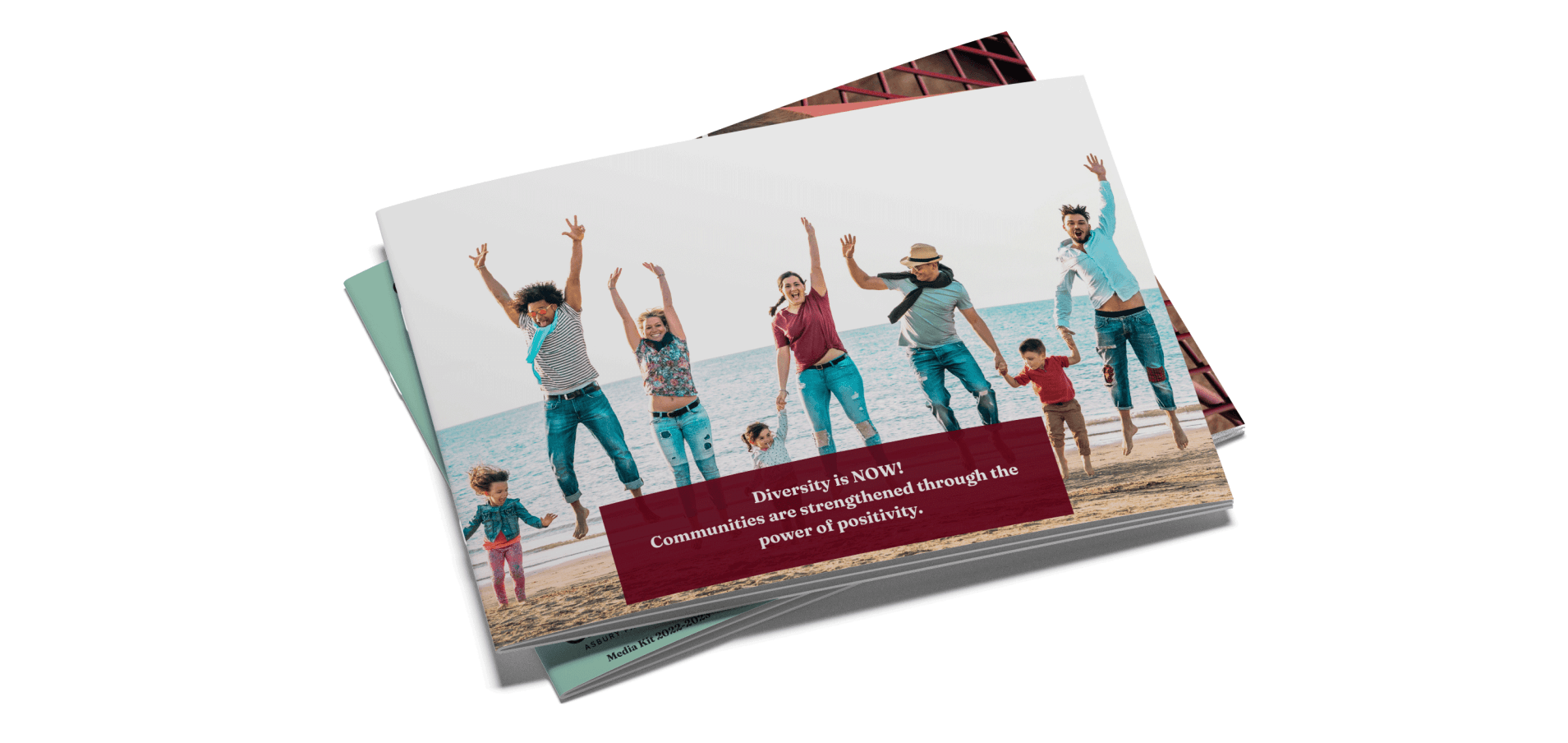 A stack of cards with a picture of a family on the beach.
