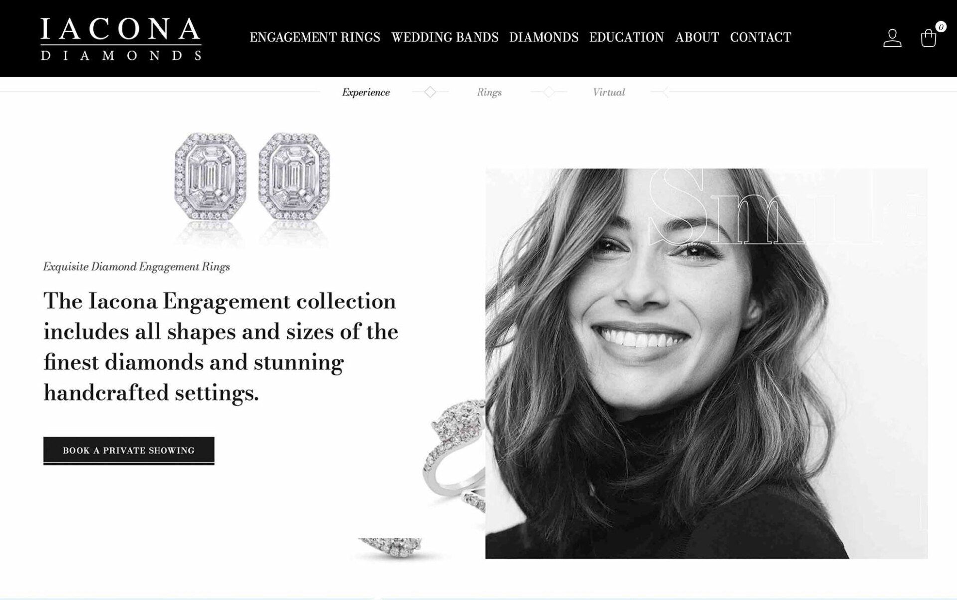 A woman is smiling in a black and white photo on a website.