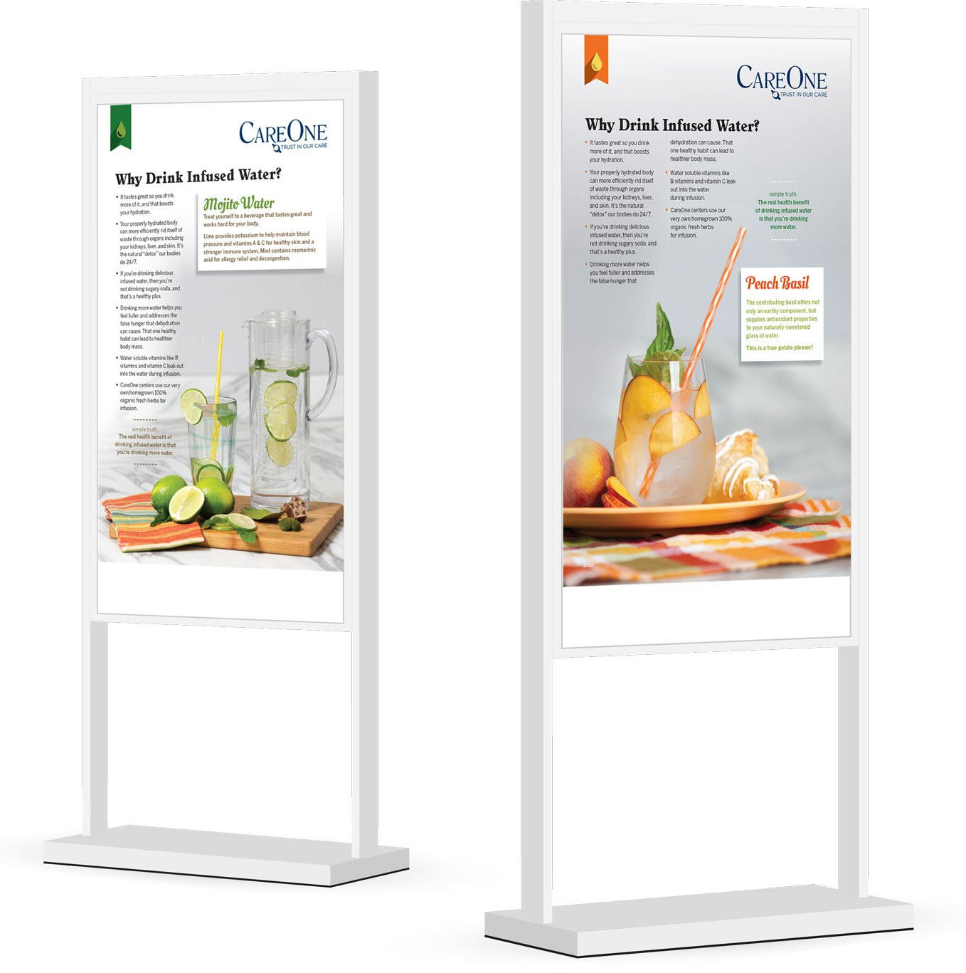 Two signs are sitting next to each other on a white background.