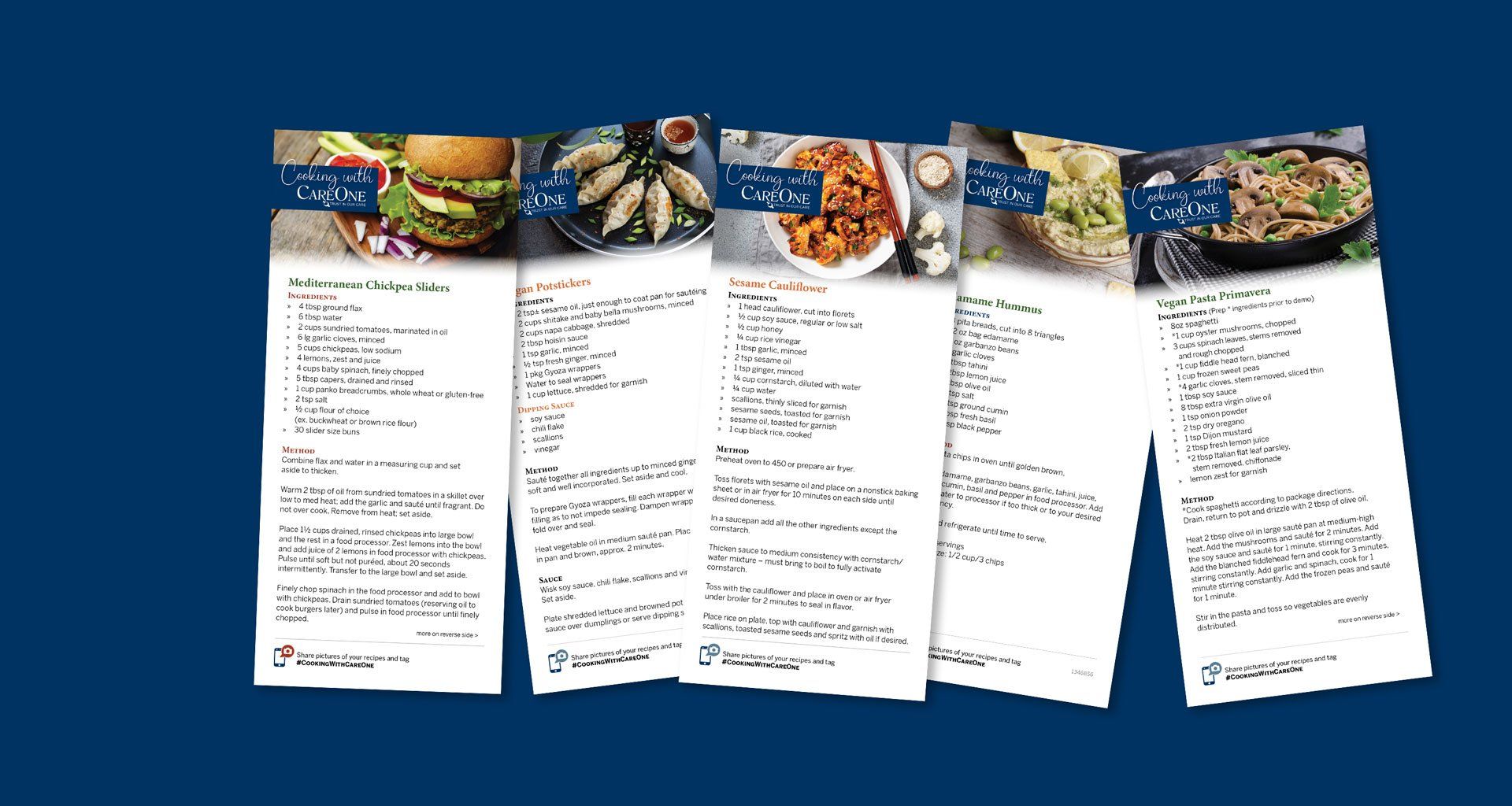 A bunch of papers with pictures of food on them on a blue background.