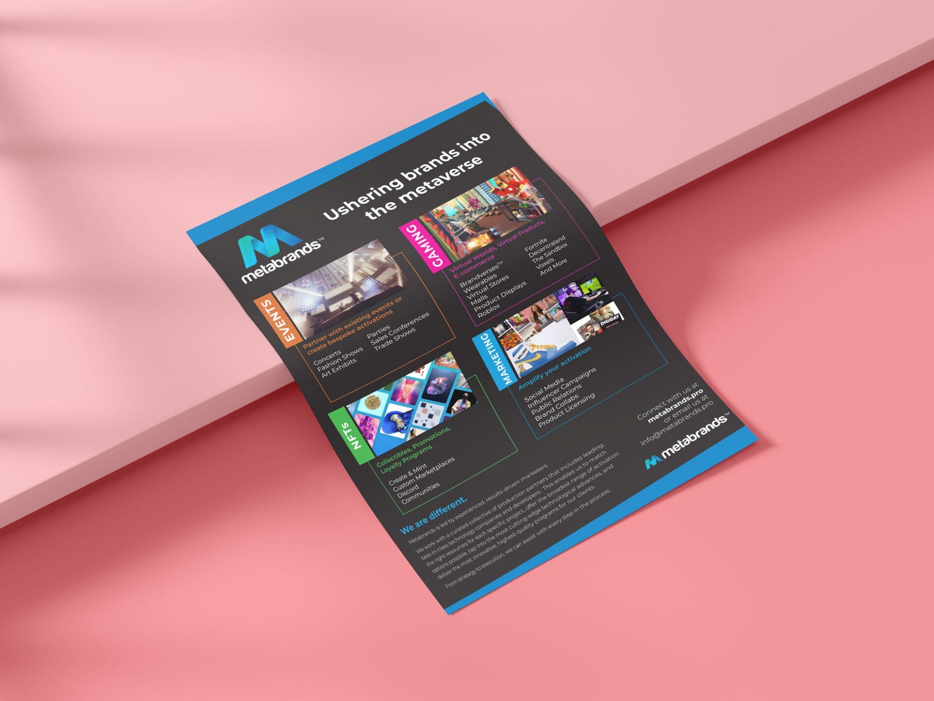 A flyer is sitting on top of a pink surface.