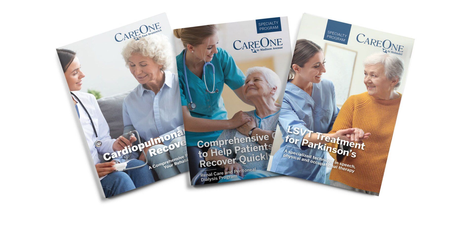 Three brochures are sitting next to each other on a white background.