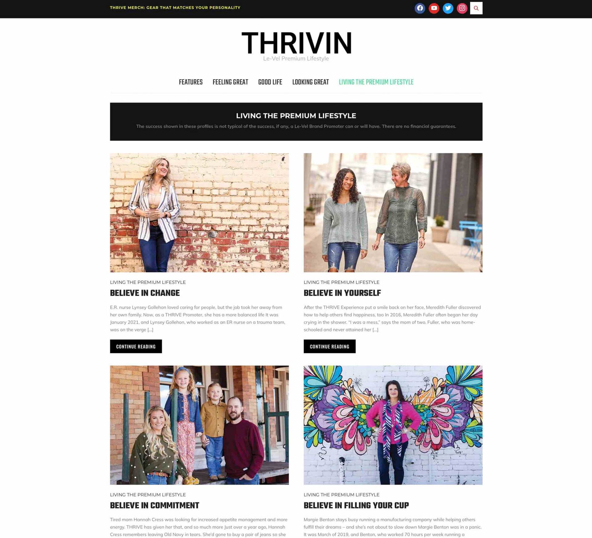 A screenshot of a website called thriving with a group of people standing in front of a brick wall.