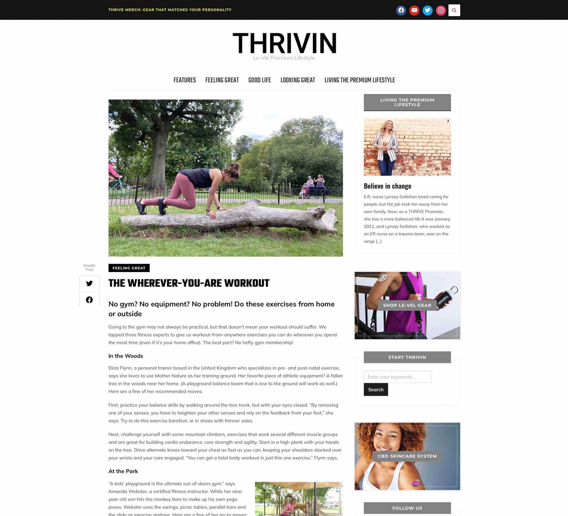 A woman is doing push ups on a log on a website.