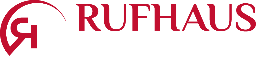 A red and white logo for rufhaus on a white background