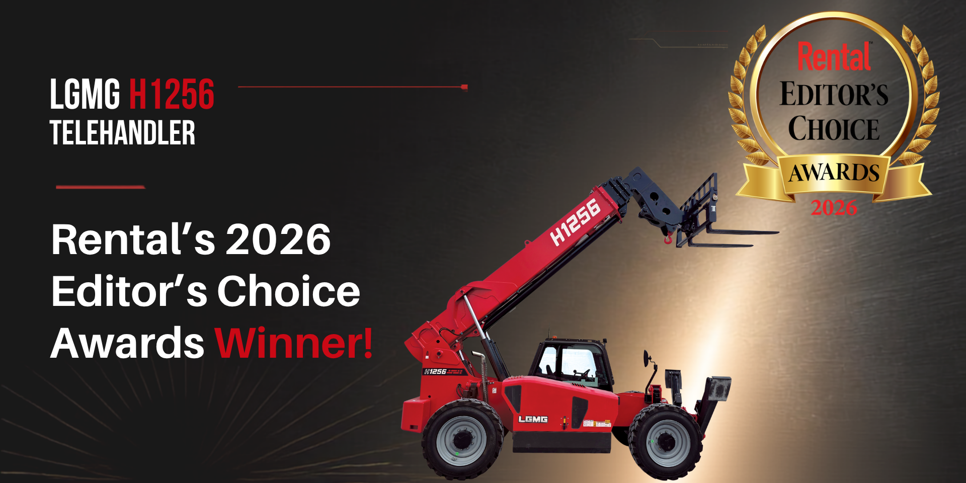 LGMG red telehandler with Equipment Rental Magazine Editor's Choice 2026 Award Winner